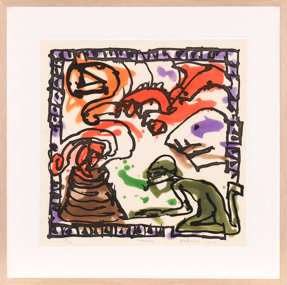 An expressive, colorful artwork by Pierre Alechinsky titled "Forgeron" (Blacksmith). The composition features a greenish human figure kneeling by a brown, cone-shaped furnace with red smoke or flames rising from it. Abstract red and purple shapes float above the scene, surrounded by thick, black calligraphic lines. The entire piece is enclosed in a decorative border of black line drawings.