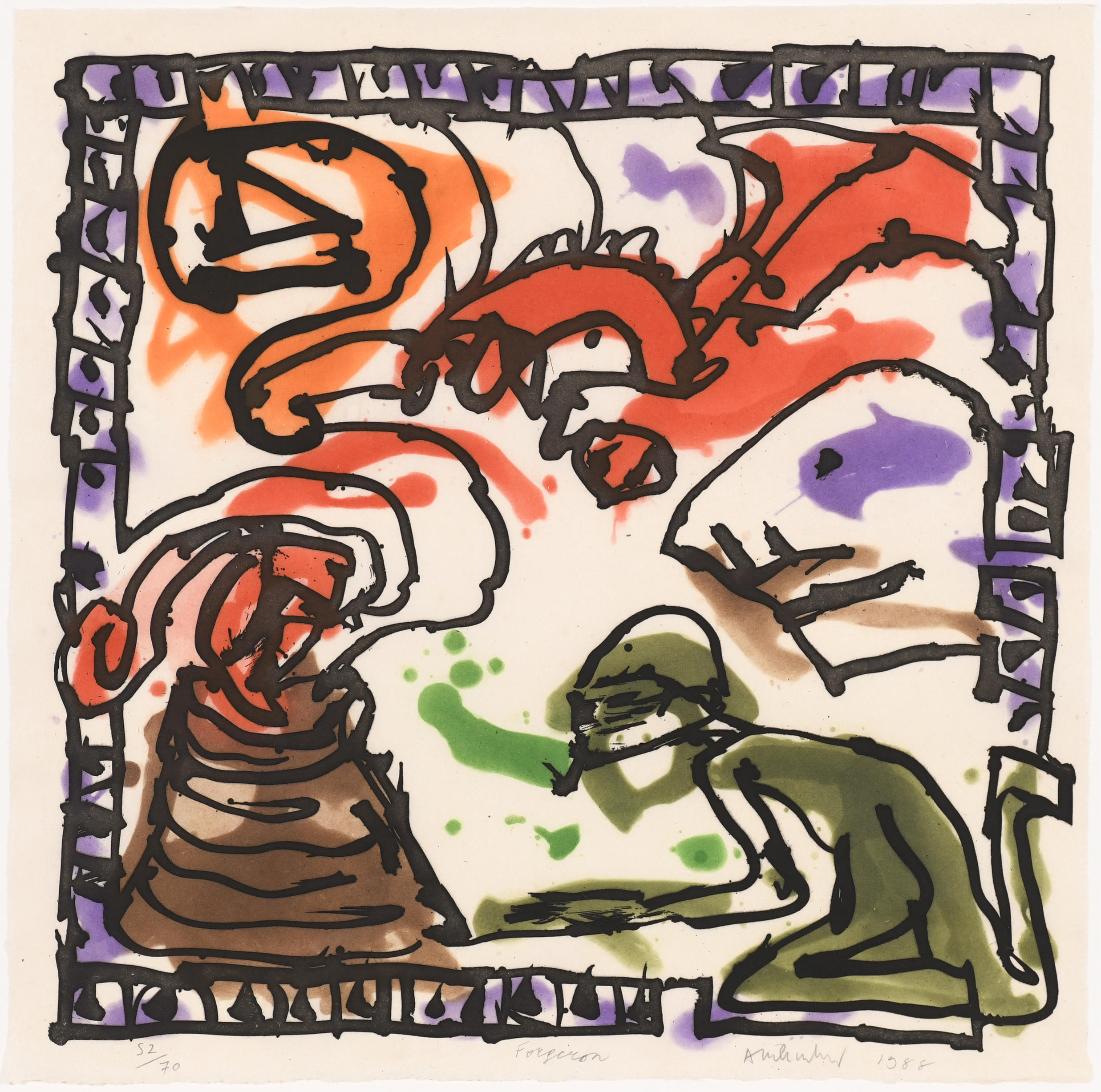 Een expressief, kleurrijk kunstwerk van Pierre Alechinsky getiteld "Forgeron". De compositie bevat een groenachtig menselijk figuur dat knielt bij een bruine, kegelvormige oven waar rode rook of vlammen uit opstijgen. Boven het tafereel zweven abstracte rode en paarse vormen, omringd door dikke, zwarte kalligrafische lijnen. Het geheel is gevat in een decoratieve rand van zwarte lijntekeningen.