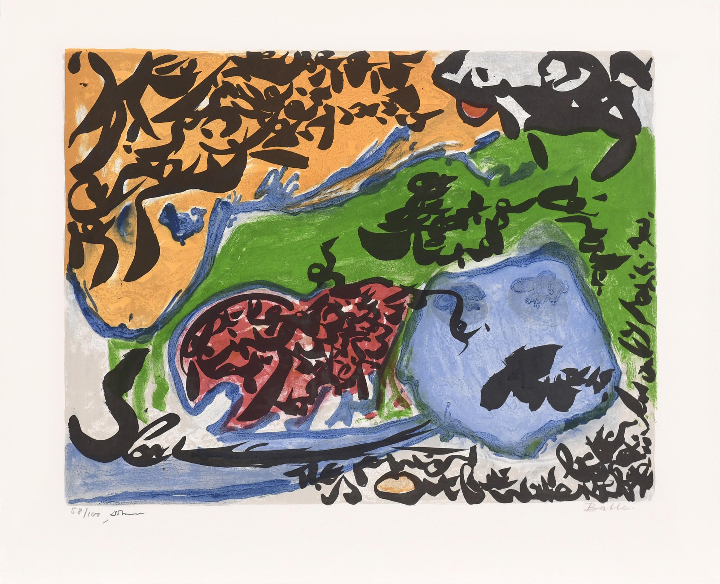 Abstract composition with large orange area top-left, green central field, blue shape right, red textured center and black calligraphic scribbles; signature at bottom