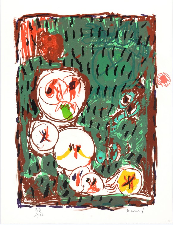 Kleurenlitho van Pierre Alechinsky, met abstracte, expressieve figuren in zwart, geel en groen op een witte achtergrond, met een bruine vlek onderaan en een oranje stip rechtsboven.