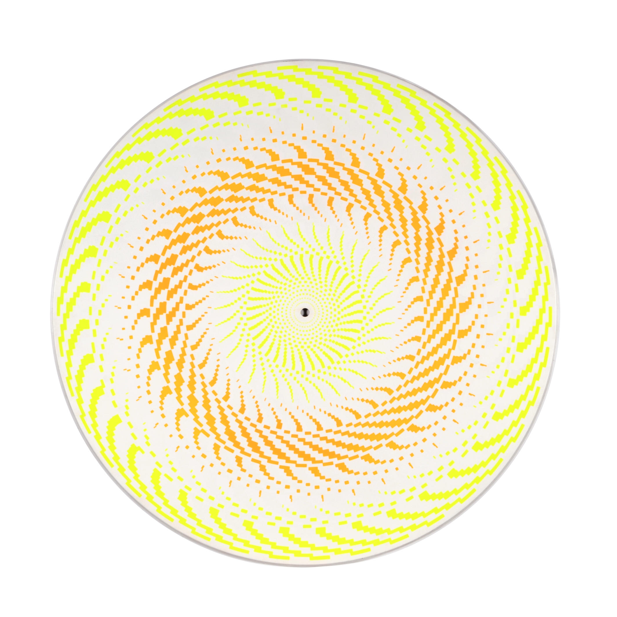 Sérigraphie cinétique circulaire de Peter Sedgley, 'Video Disque 01'. Motif optique abstrait de points jaunes et orange en spirale sur fond blanc, créant une illusion de mouvement.