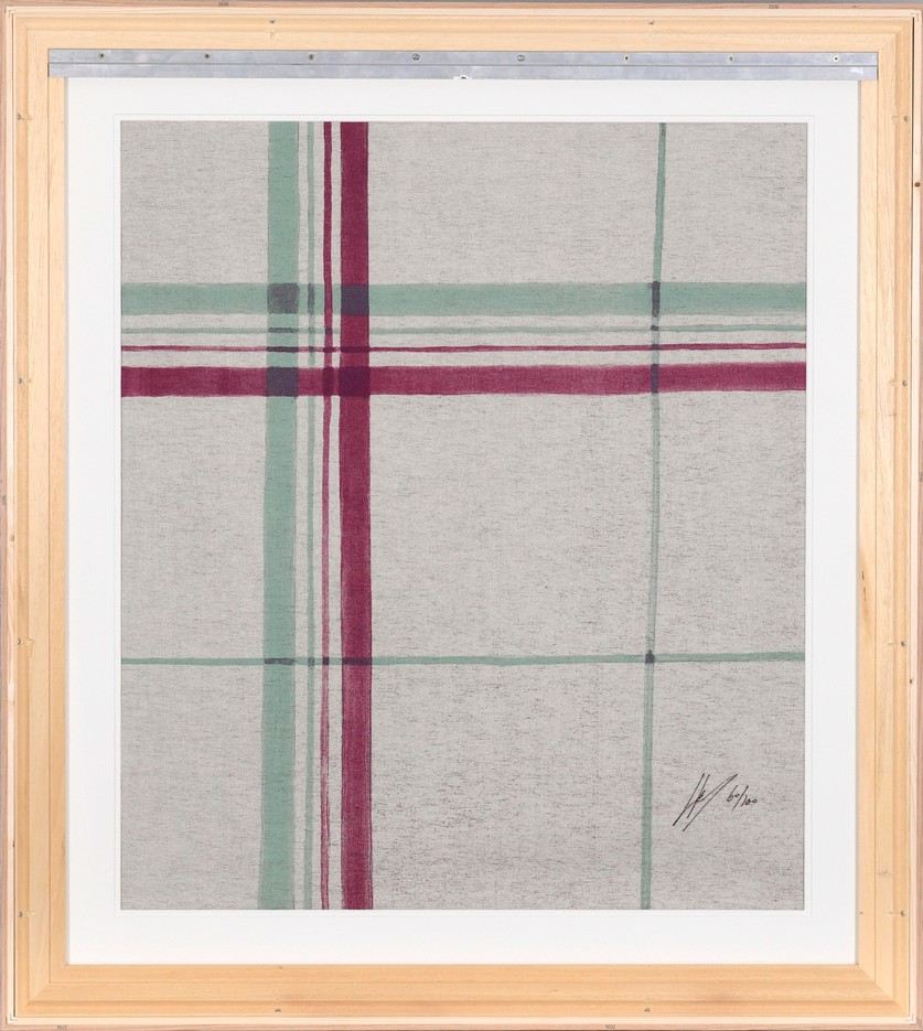 A minimalist colour woodcut by Luc Tuymans. The work displays an abstract tartan pattern with vertical and horizontal bands in muted shades of pink, red, and sea green on a light, cream-coloured background. The surface has the distinct texture of the paper.