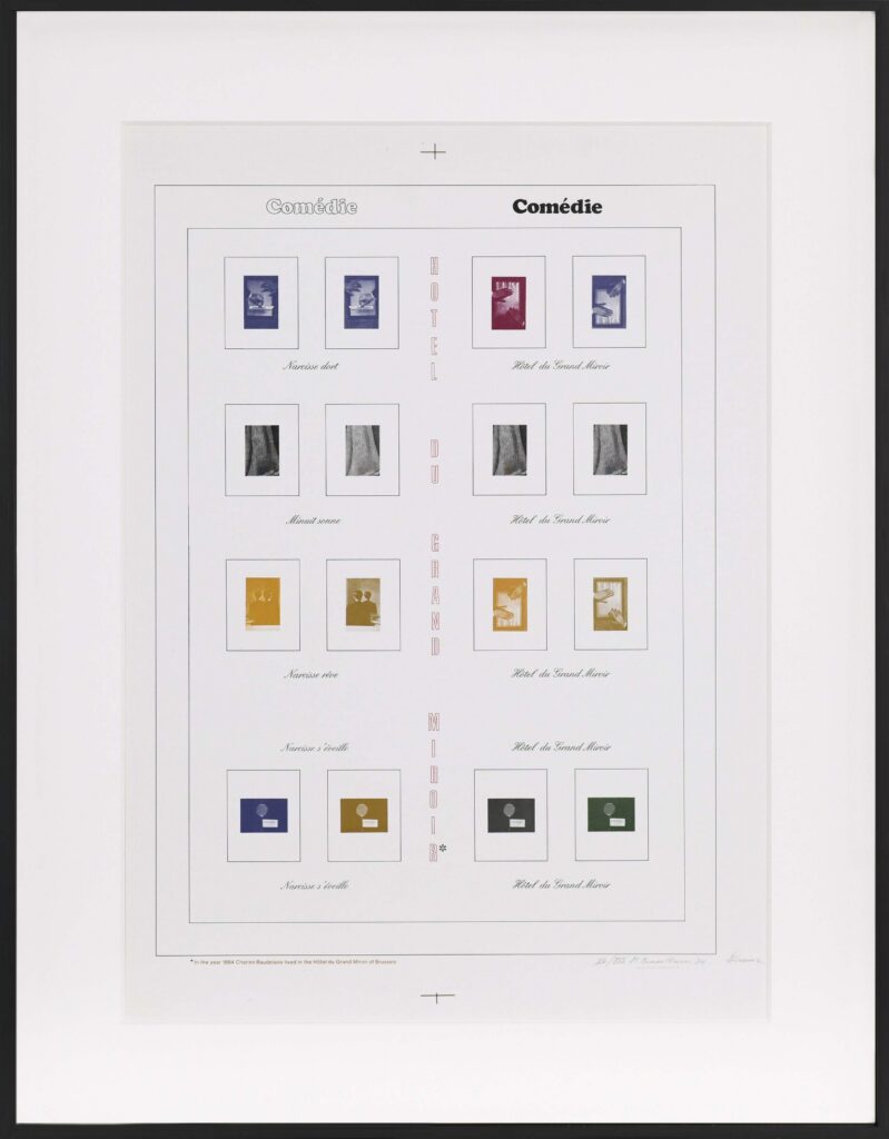 Graphic poster with a grid of small framed images in four rows and four columns; varied color blocks (blue, red, yellow, green), calligraphic titles and central vertical text “HOTEL DU GRAND MIROIR”; white border and finely printed footnote.
