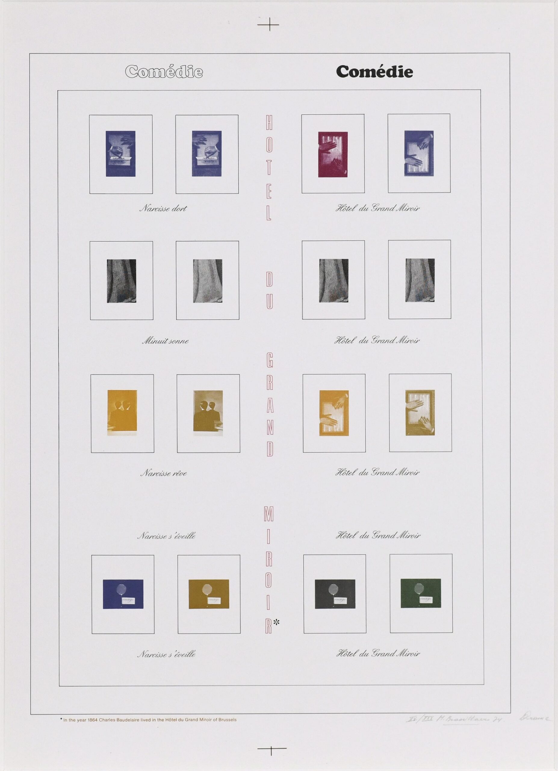 Graphic poster with a grid of small framed images in four rows and four columns; varied color blocks (blue, red, yellow, green), calligraphic titles and central vertical text “HOTEL DU GRAND MIROIR”; white border and finely printed footnote.