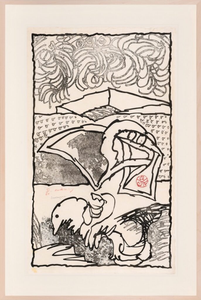 Etching and aquatint by Pierre Alechinsky from 1978, titled 'Brabançonne', featuring a central figurative scene framed by spontaneous, calligraphic drawings in the margins.