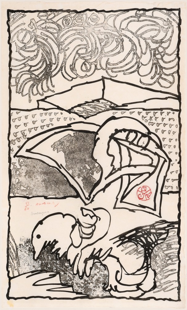 Etching and aquatint by Pierre Alechinsky from 1978, titled 'Brabançonne', featuring a central figurative scene framed by spontaneous, calligraphic drawings in the margins.