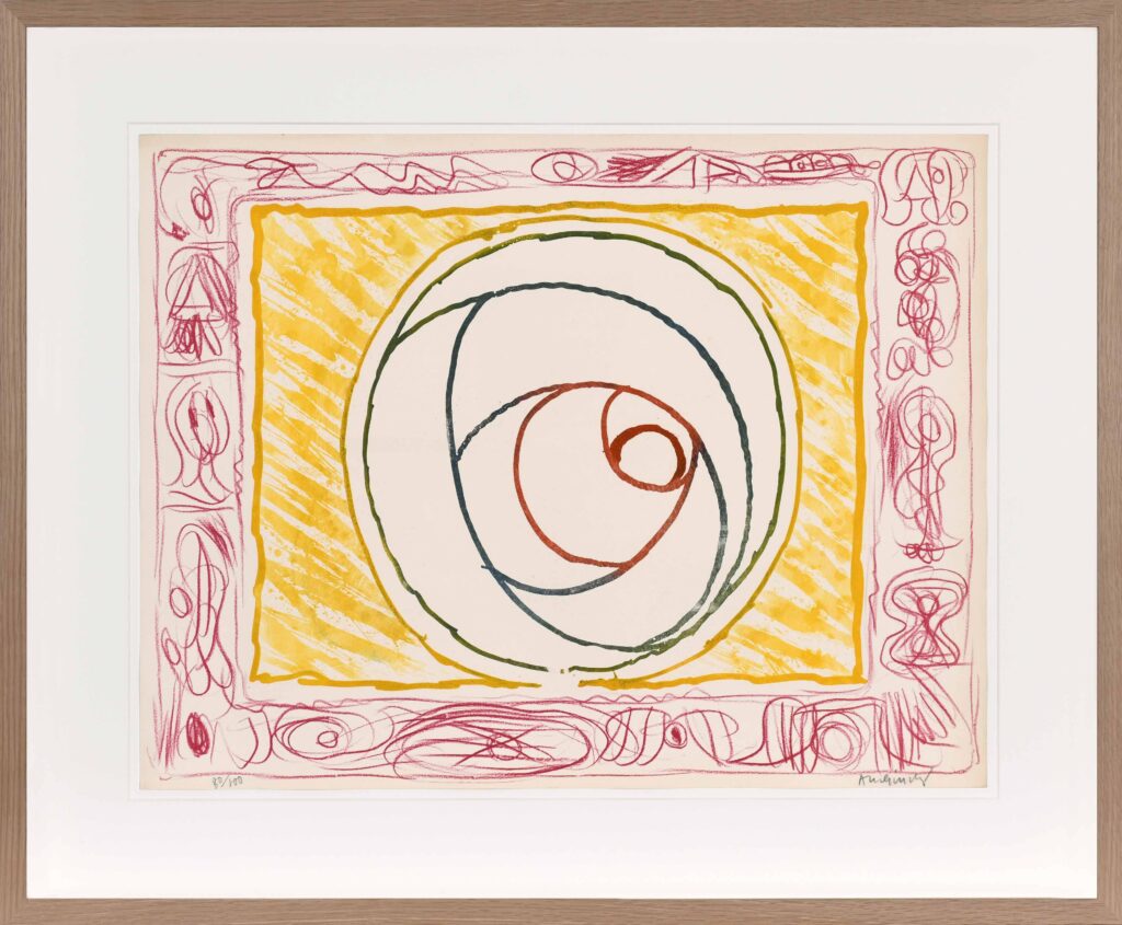 Graffiti Selenite by alechinsky. It features a central, irregular, spiral figure in red, blue, and green set against a white background, encompassed by a wide yellow border with diagonal hatching. The yellow border is in turn framed by an outer, narrow, pinkish-red border featuring spontaneous, abstract scribbles and figures, characteristic of Alechinsky's use of marginal drawings around his main works.