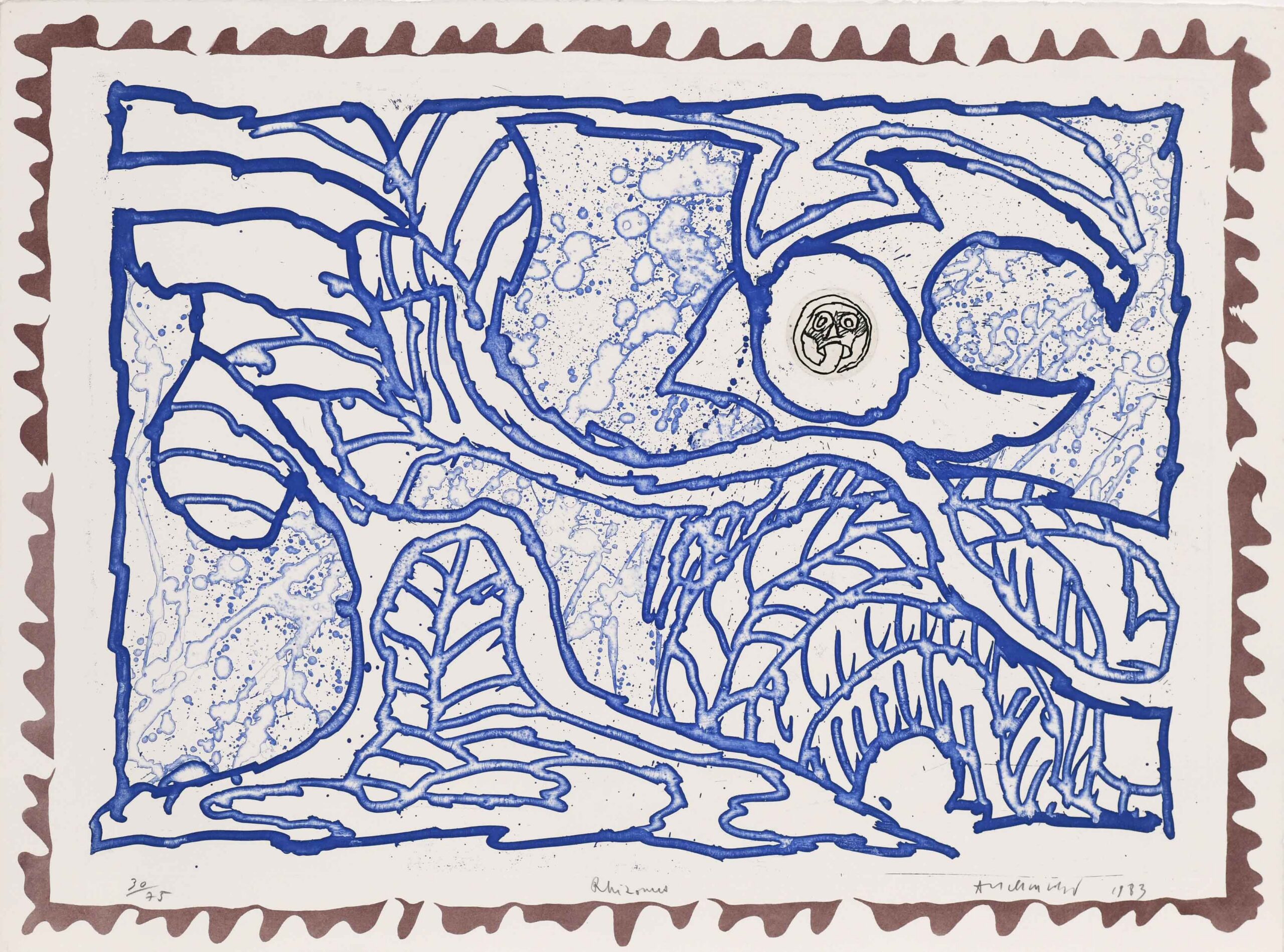 Een horizontale ets van Pierre Alechinsky (1983) met blauwe, verstrengelde organische lijnen, genaamd "Rhizome", en een decoratieve bruine rand.