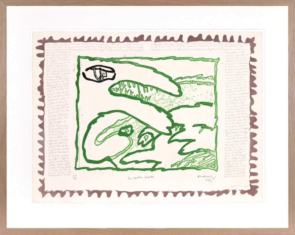 Kleurenets van Pierre Alechinsky, "De toutes parts" (1983), met een centrale tekening van een gestileerd groen wezen met een oog, omringd door geschreven aantekeningen in de kantlijn.