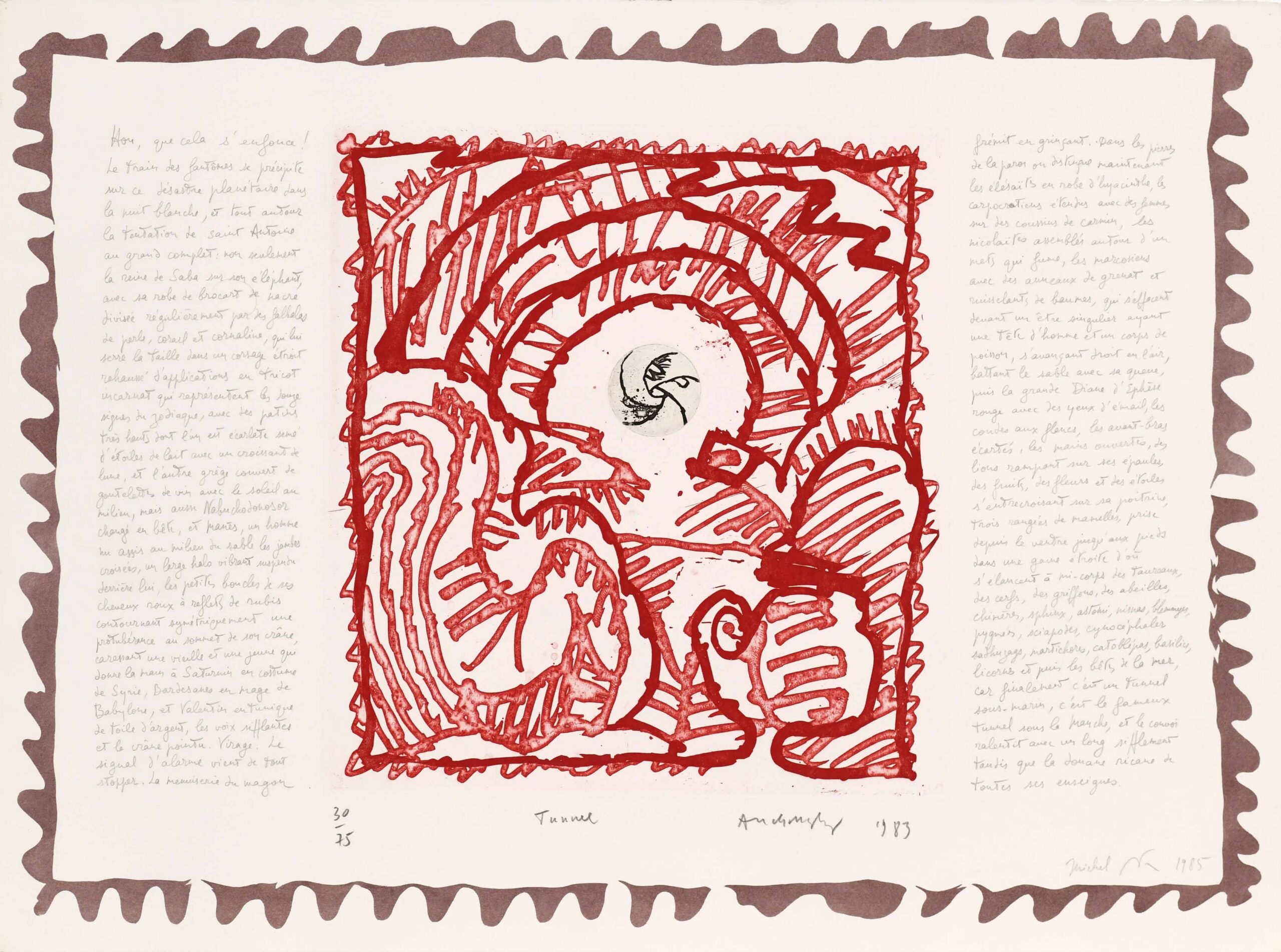 Een kleurets van Pierre Alechinsky met de titel "Tunnel". De centrale afbeelding, voornamelijk in rode inkt, toont een abstracte, organische vorm met dynamische lijnen die doen denken aan een doorgang of een gestileerd wezen. De tekening is omlijst door kalligrafische randen.