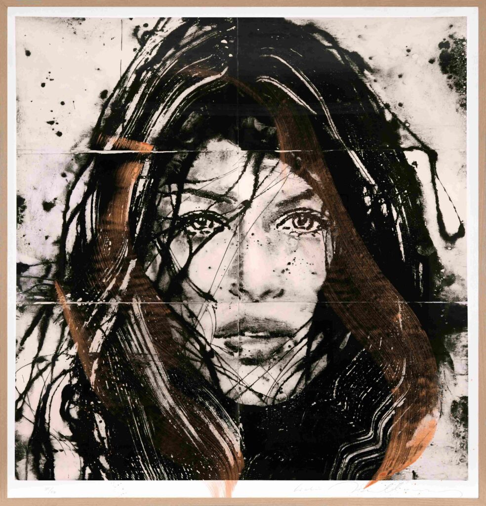 A contemporary portrait of a woman's face by Lídia Masllorens. The piece features a monochromatic, charcoal-like style layered with thick, metallic copper-brown brushstrokes that sweep across the canvas. The subject's gaze is intense, and the composition includes artistic paint splatters.
