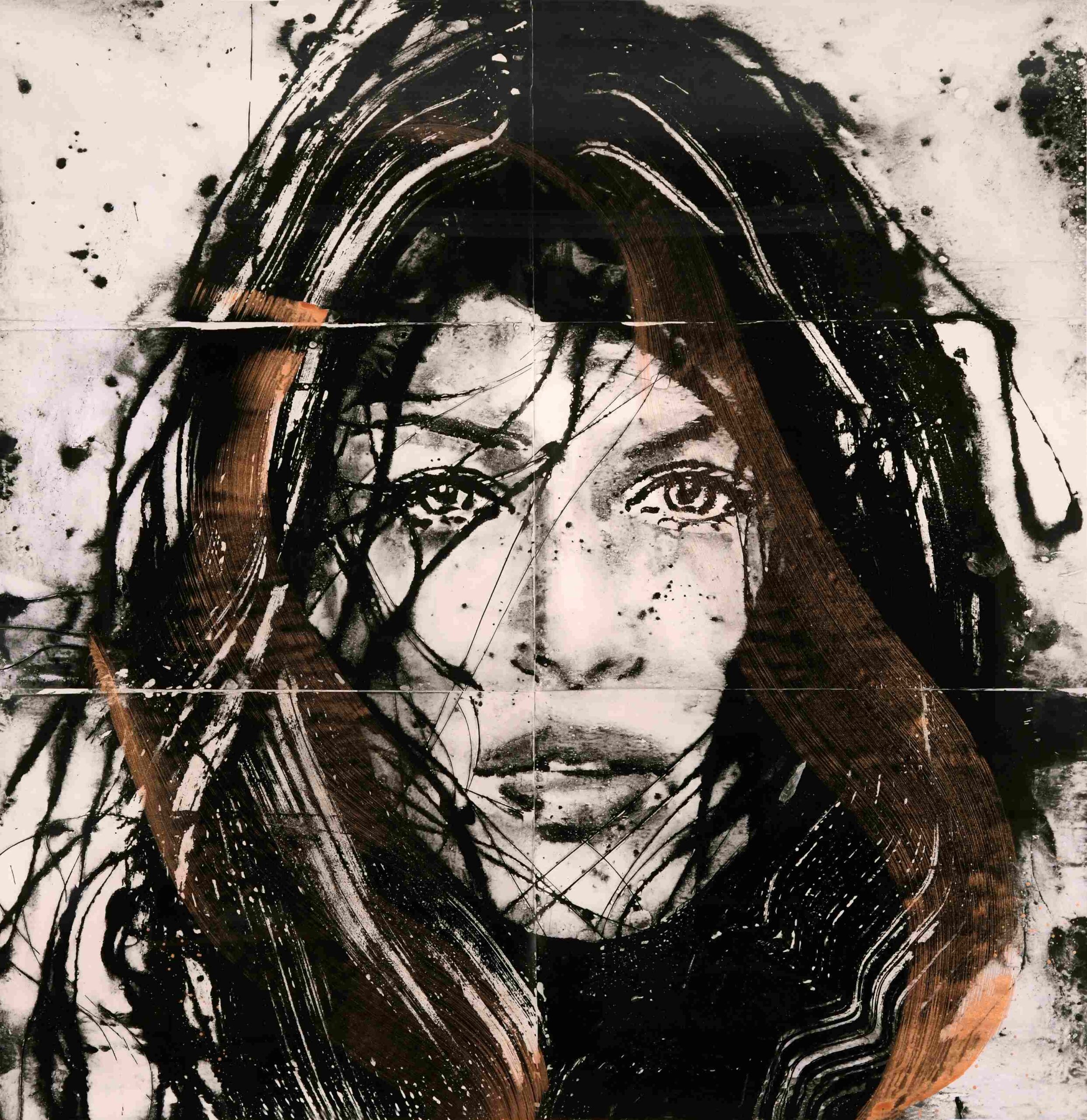 A contemporary portrait of a woman's face by Lídia Masllorens. The piece features a monochromatic, charcoal-like style layered with thick, metallic copper-brown brushstrokes that sweep across the canvas. The subject's gaze is intense, and the composition includes artistic paint splatters.