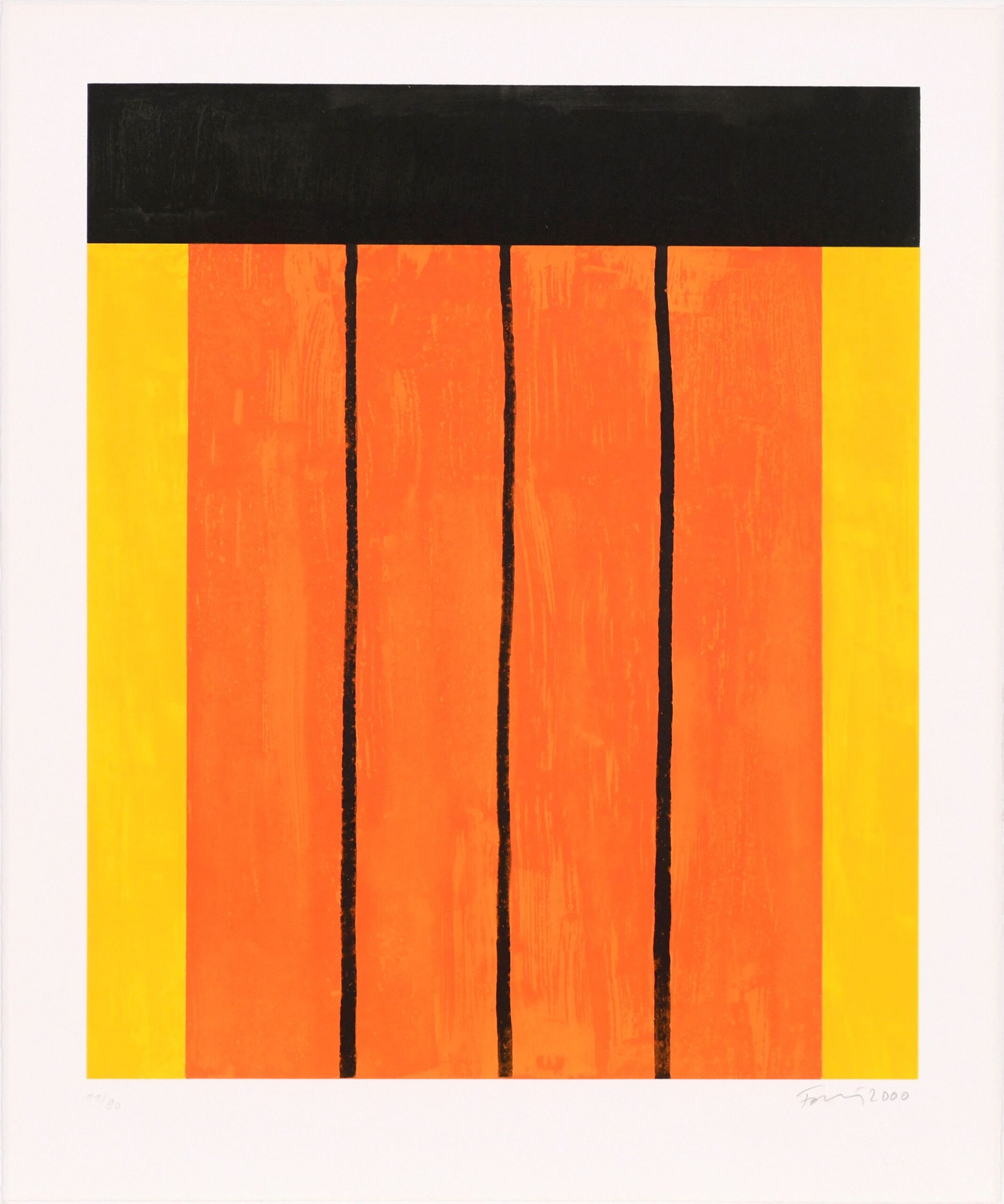 Een abstracte lithografie van Günther Förg met een groot centraal oranje vlak, onderverdeeld door drie verticale zwarte lijnen. Dit middendeel wordt geflankeerd door twee smalle gele verticale banen en bekroond door een brede zwarte horizontale balk, geplaatst binnen een witte rand.