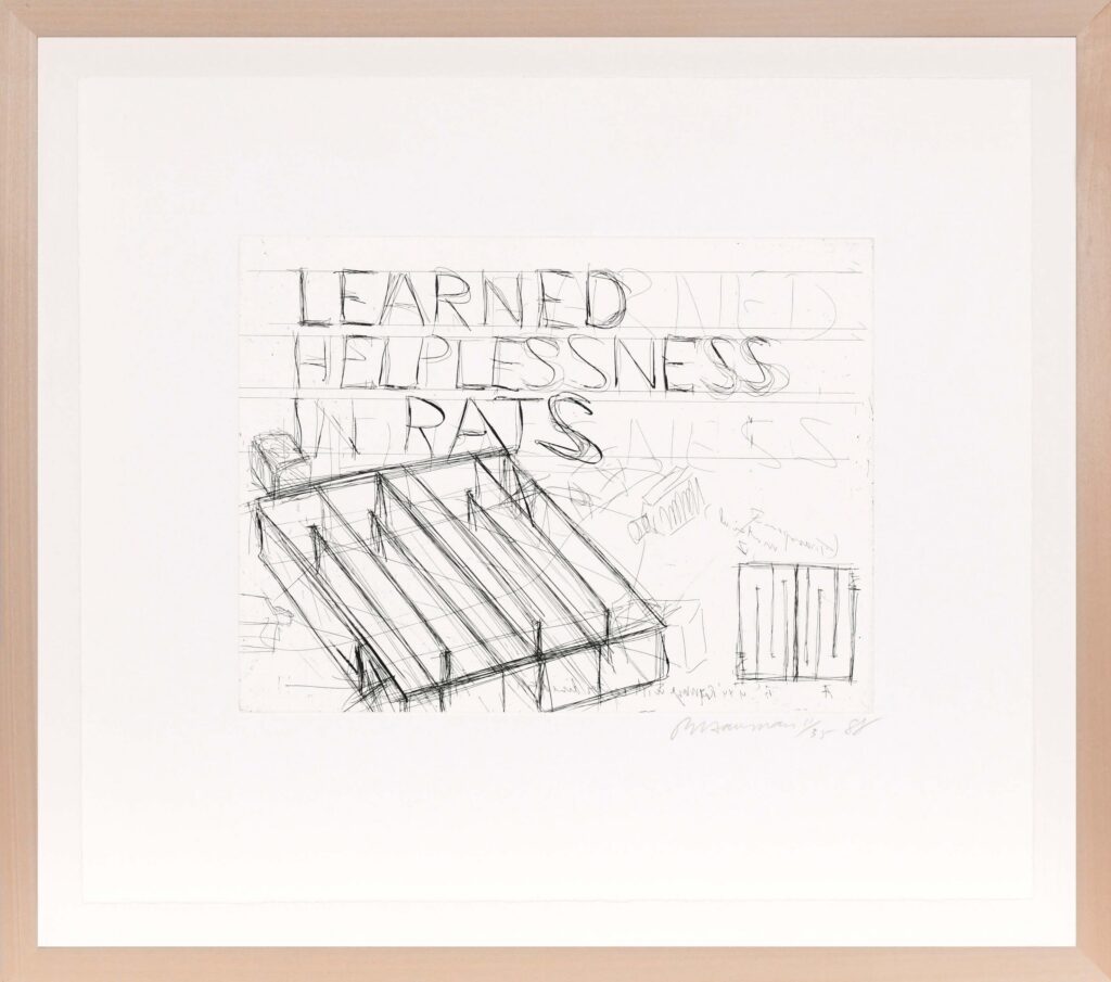 Black and white etching by Bruce Nauman featuring the text "LEARNED HELPLESSNESS IN RATS" and a technical diagram of a maze or cage structure.
