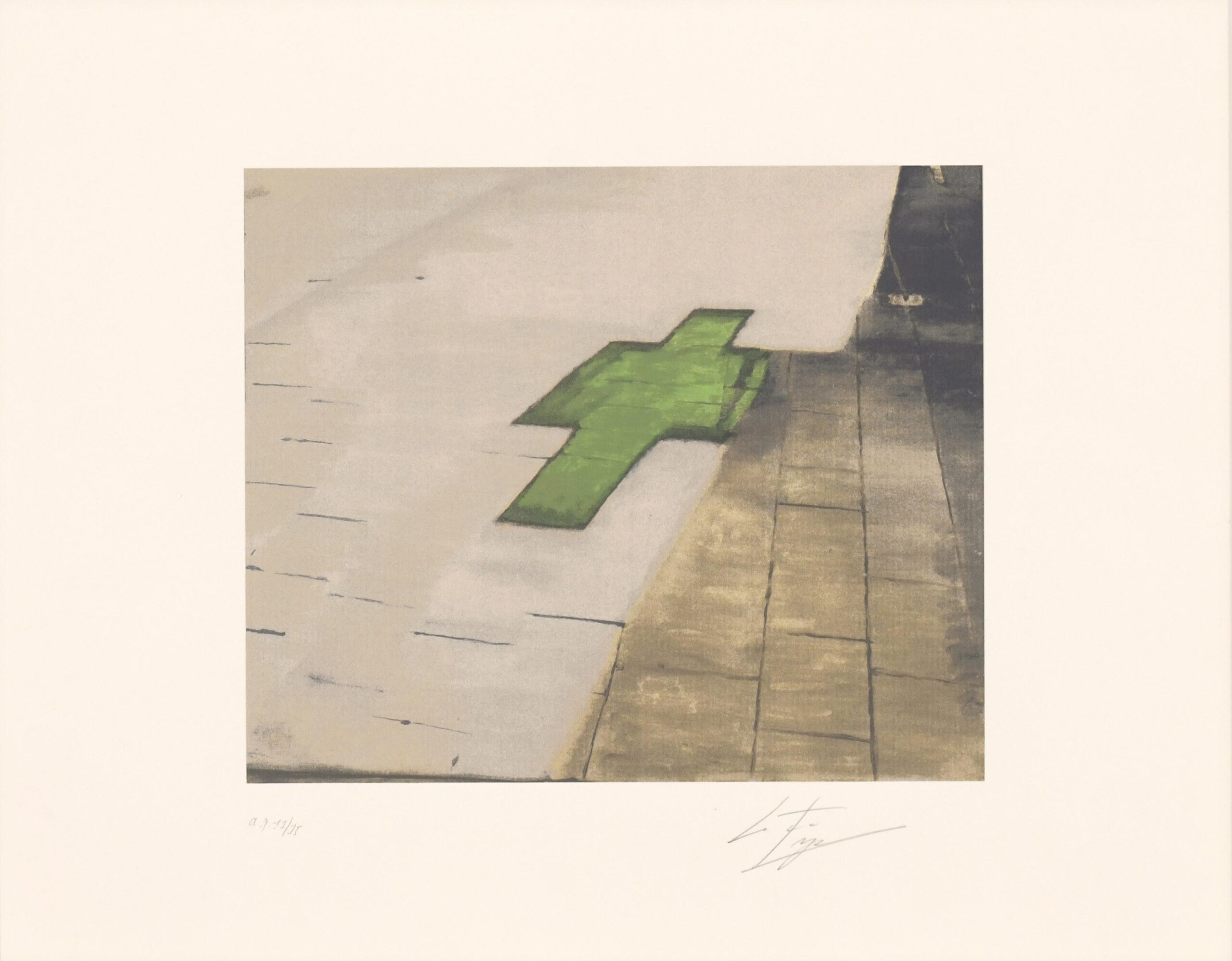 Pharmacy de Luc Tuymans, montrant l'ombre verte d'une croix de pharmacie sur un trottoir aux tons pâles.