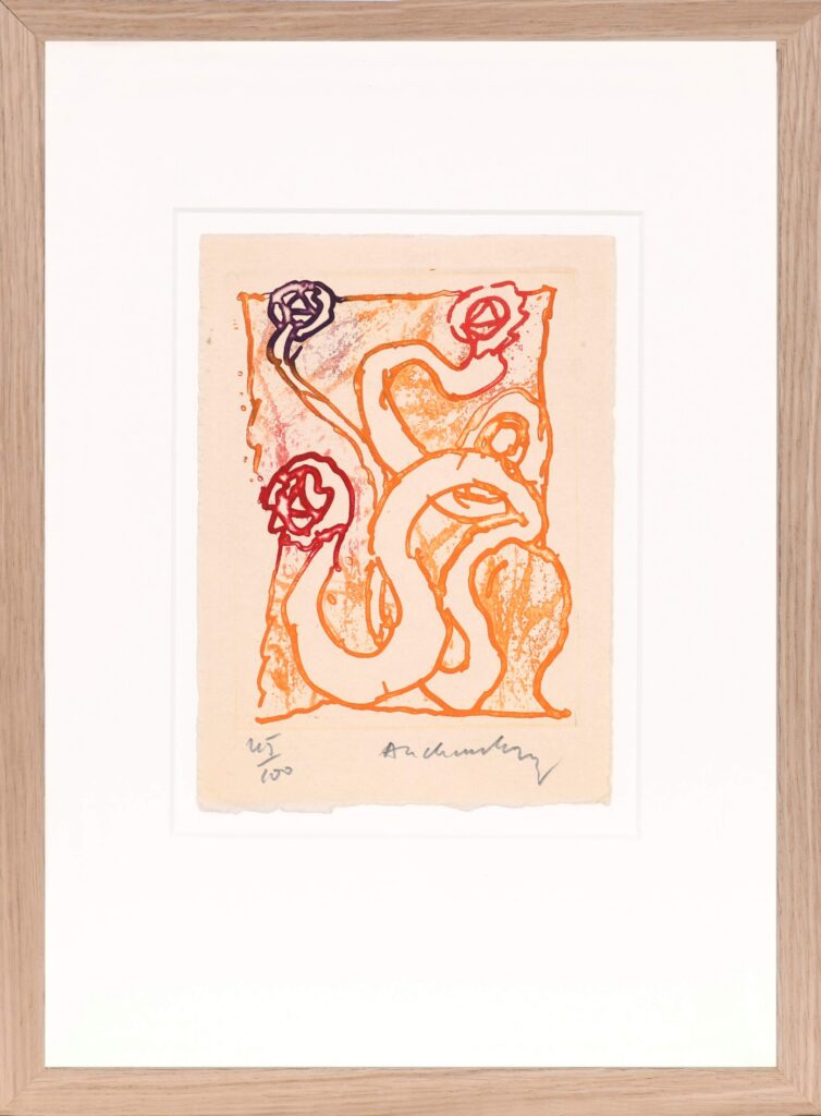 Eau-forte abstraite en couleurs de Pierre Alechinsky avec des lignes orange sinueuses, des formes de nœuds violettes et rouges, et un fond marbré. Signée et numérotée 45/100 en bas.