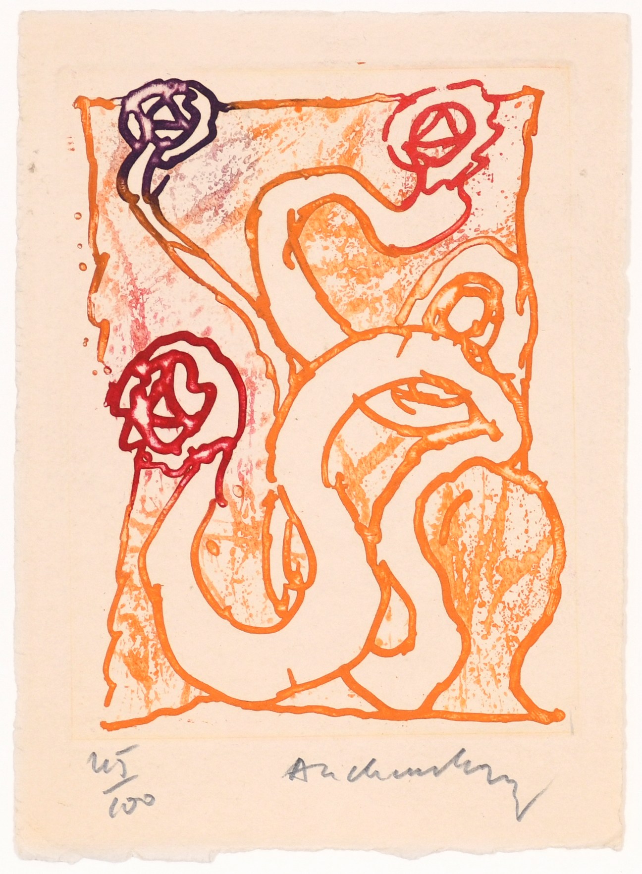 Eau-forte abstraite en couleurs de Pierre Alechinsky avec des lignes orange sinueuses, des formes de nœuds violettes et rouges, et un fond marbré. Signée et numérotée 45/100 en bas.