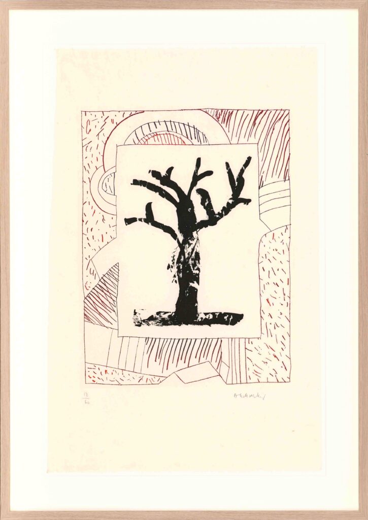 Grafisch werk van Pierre Alechinsky met een zwarte abstracte boom in het midden, omringd door een kader met rode en zwarte getekende patronen.