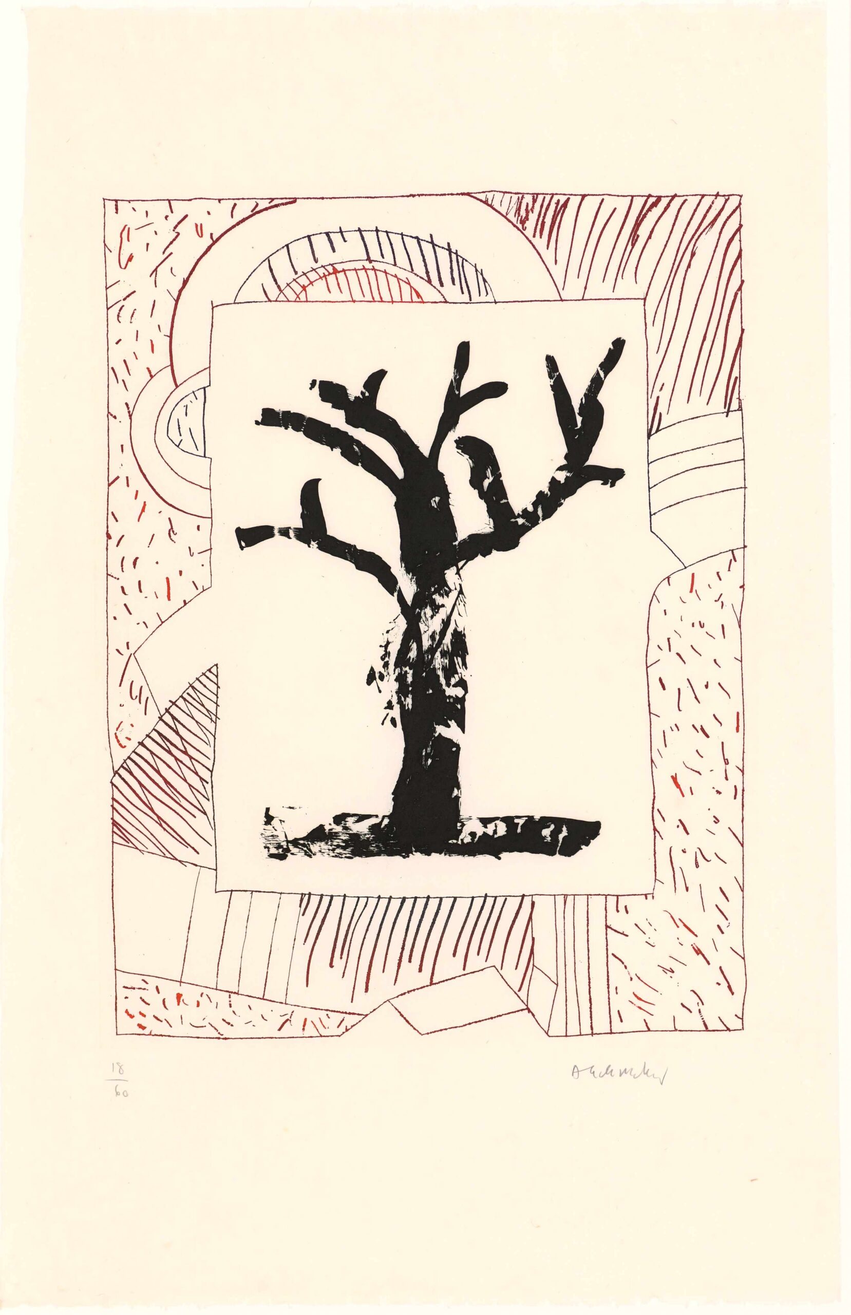 Grafisch werk van Pierre Alechinsky met een zwarte abstracte boom in het midden, omringd door een kader met rode en zwarte getekende patronen.