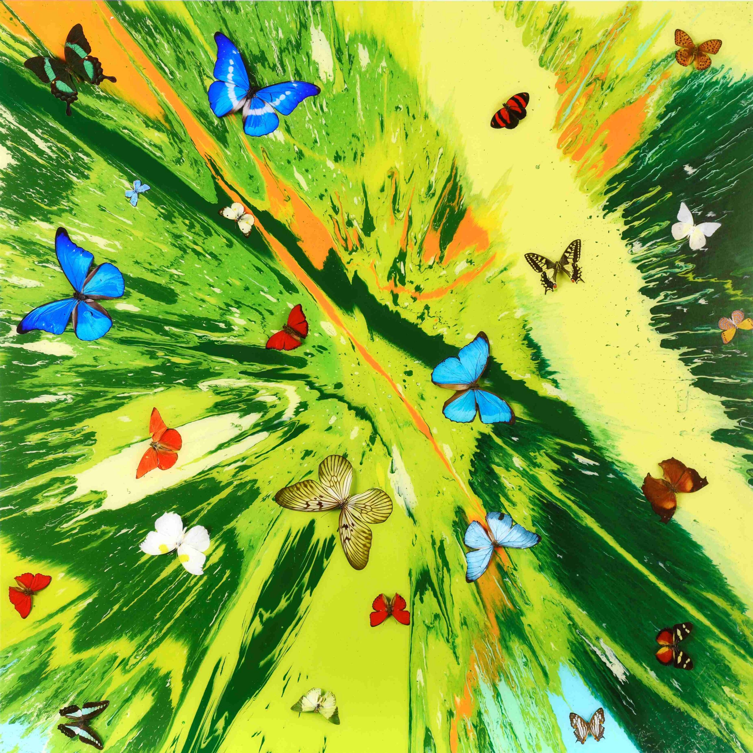 Heavenly Elysia by Damien Hirst titled 'Heavenly Elysia', featuring a vibrant explosion of green and yellow paint adorned with colorful butterflies.