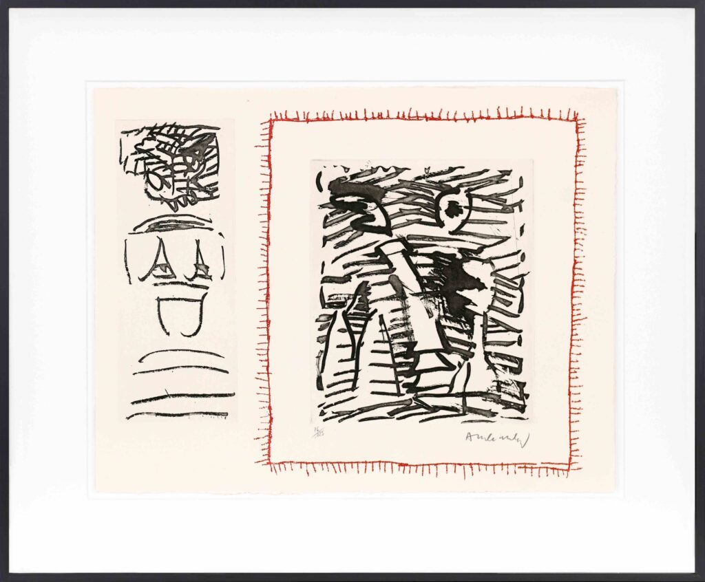 Abstract werk van Pierre Alechinsky uit de serie Poèmes à voir met een centrale zwart-wit ets omringd door een rode, gestreepte rand, en links een verticale strook met zwarte tekens, gesigneerd rechtsonder.