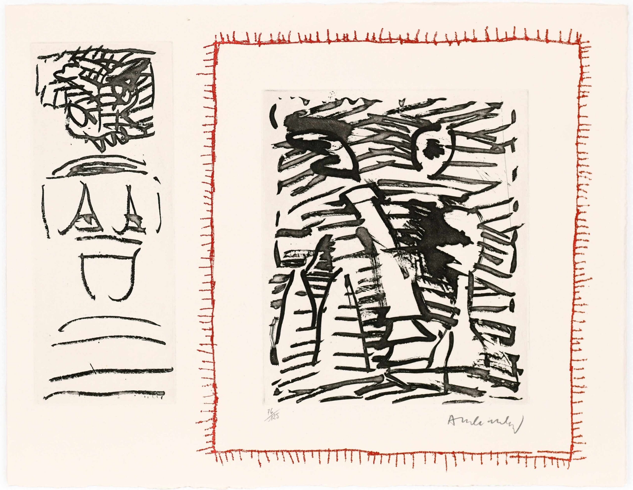 Abstract werk van Pierre Alechinsky uit de serie Poèmes à voir met een centrale zwart-wit ets omringd door een rode, gestreepte rand, en links een verticale strook met zwarte tekens, gesigneerd rechtsonder.
