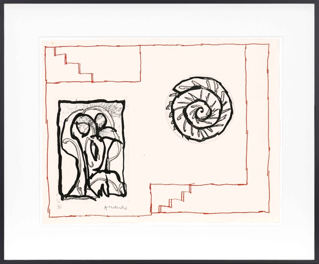 Œuvre abstraite de Pierre Alechinsky (Poèmes à voir) associant une eau-forte rectangulaire en bas à gauche en noir et blanc et une spirale circulaire en haut à droite, entourées de lignes rouges en escalier, signée en bas à gauche.