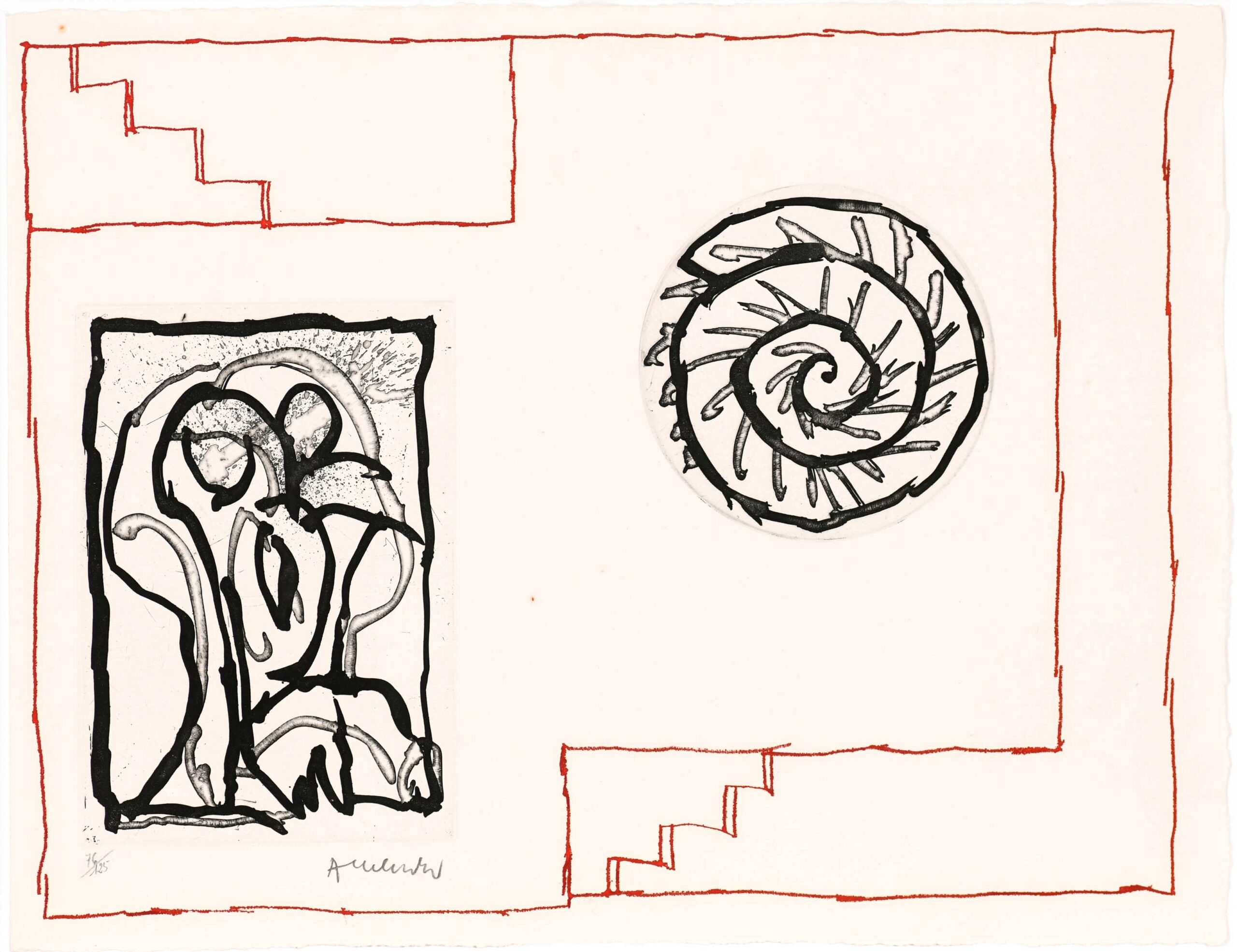 Œuvre abstraite de Pierre Alechinsky (Poèmes à voir) associant une eau-forte rectangulaire en bas à gauche en noir et blanc et une spirale circulaire en haut à droite, entourées de lignes rouges en escalier, signée en bas à gauche.