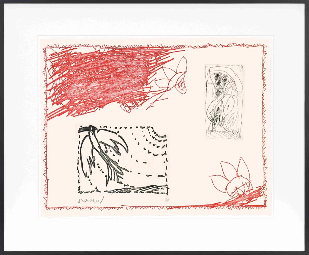 Abstract artwork by Pierre Alechinsky from Poèmes à voir featuring two black and white etchings, a large red scribbled patch, and a red flower within a scribbled border, signed bottom left.