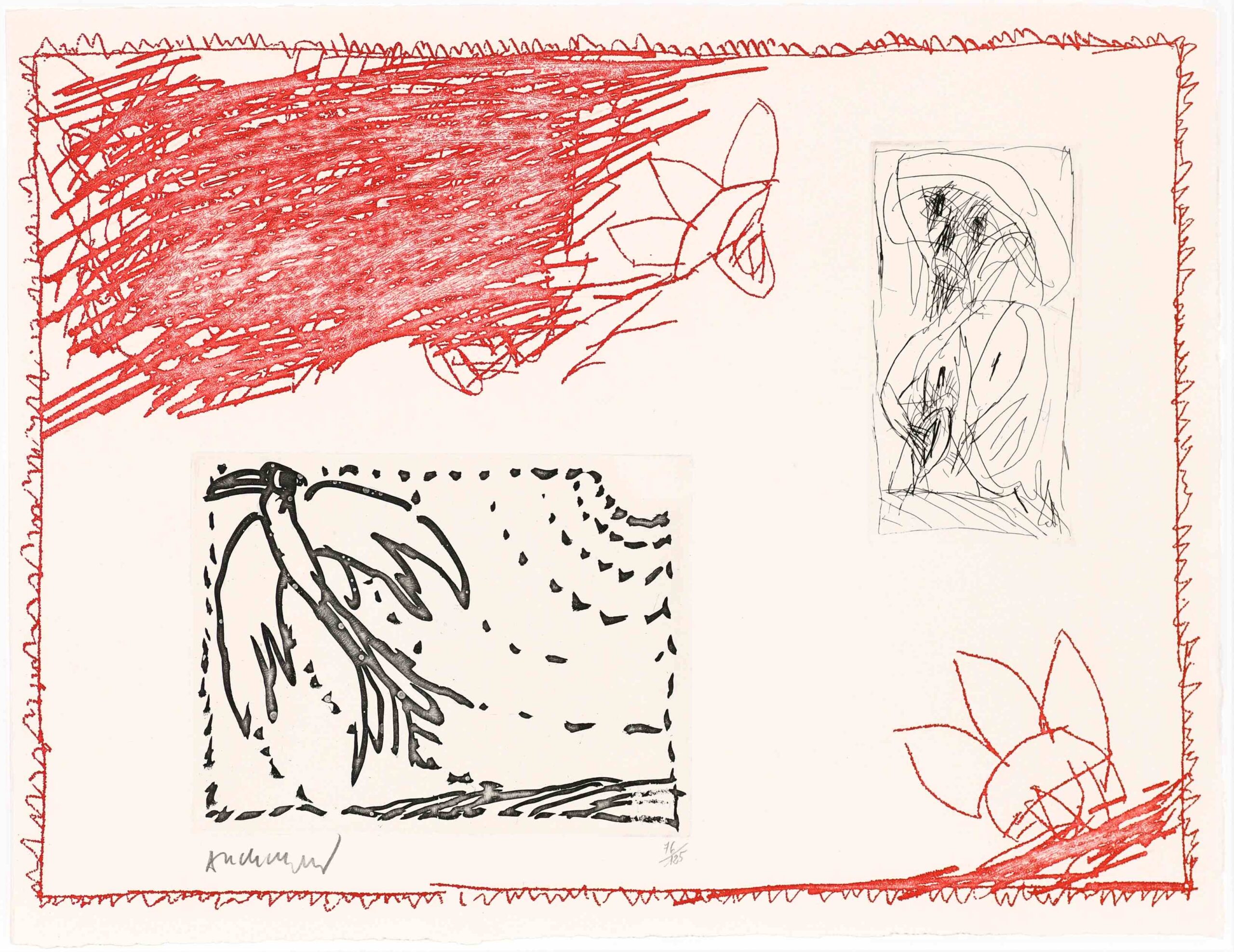 Abstract artwork by Pierre Alechinsky from Poèmes à voir featuring two black and white etchings, a large red scribbled patch, and a red flower within a scribbled border, signed bottom left.