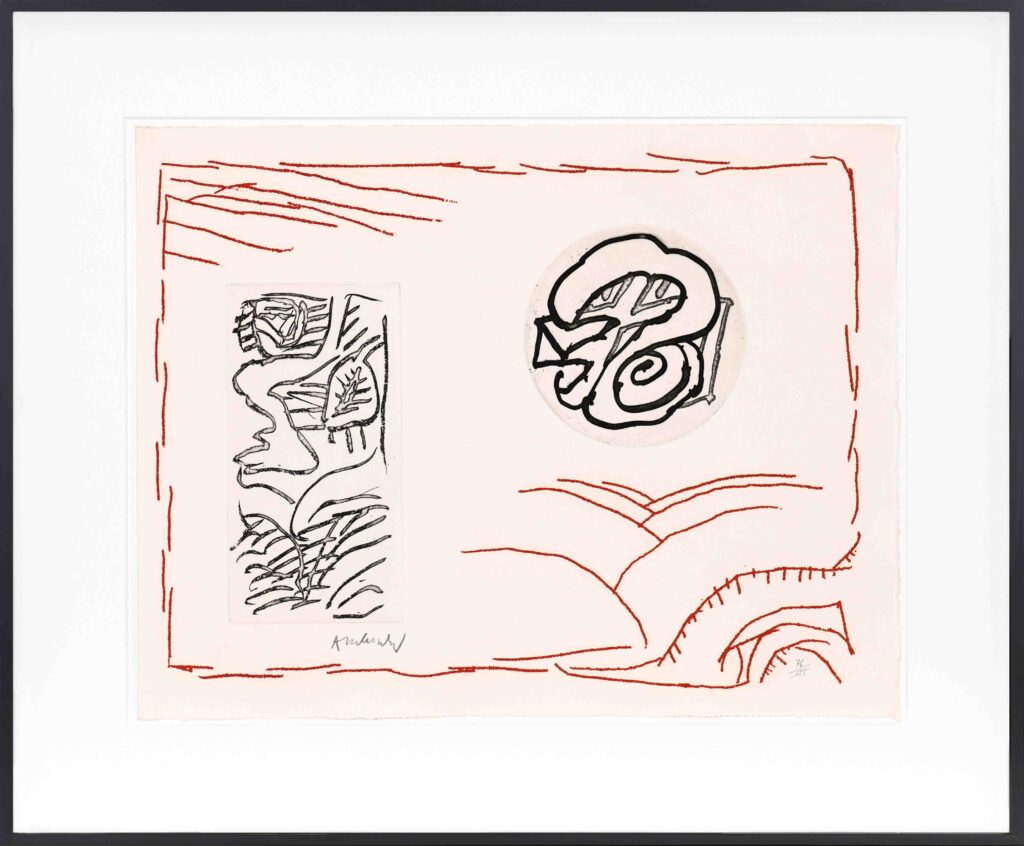 Œuvre abstraite de Pierre Alechinsky (Poèmes à voir) montrant une eau-forte verticale à gauche, une ronde en haut à droite et des lignes de paysage rouges en bas dans un cadre rouge, signée en bas à gauche.