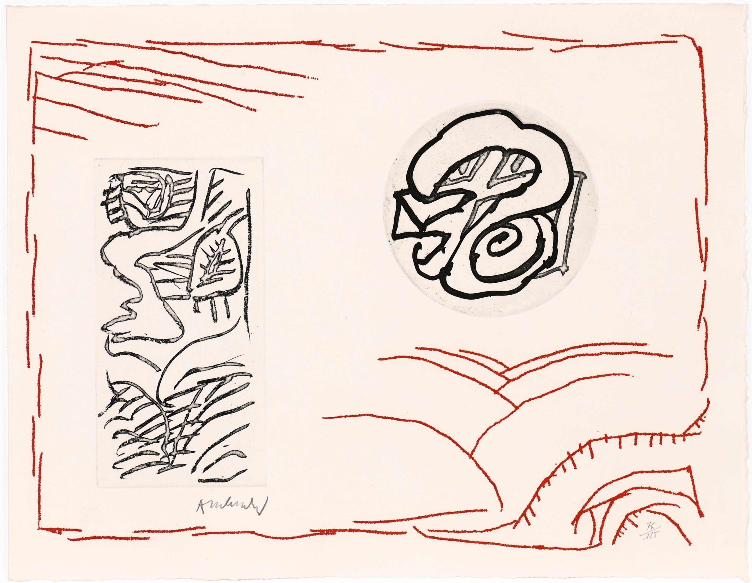 Œuvre abstraite de Pierre Alechinsky (Poèmes à voir) montrant une eau-forte verticale à gauche, une ronde en haut à droite et des lignes de paysage rouges en bas dans un cadre rouge, signée en bas à gauche.