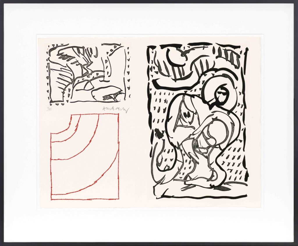 Abstract artwork by Pierre Alechinsky from Poèmes à voir featuring a large black and white etching on the right, a smaller square etching on the top left, and a red-lined square on the bottom left, signed below the smaller etching.