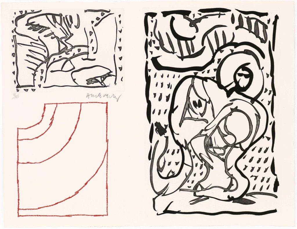 Œuvre abstraite de Pierre Alechinsky (Poèmes à voir) montrant une grande eau-forte à droite, une plus petite carrée en haut à gauche et un carré tracé en rouge en bas à gauche, signée sous la petite eau-forte.