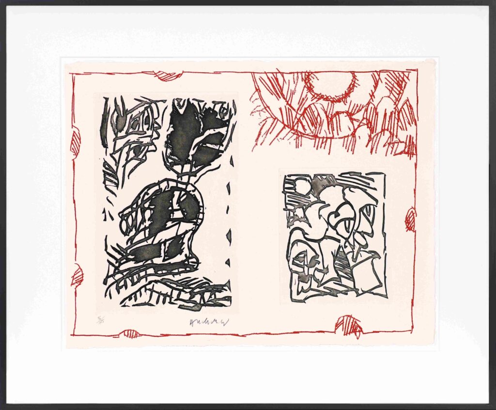 Œuvre abstraite de Pierre Alechinsky (Poèmes à voir) associant deux eaux-fortes noir et blanc, des hachures rouges en forme de soleil en haut à droite et une bordure rouge tracée tout autour, signée en bas à gauche sous l'eau-forte de gauche.