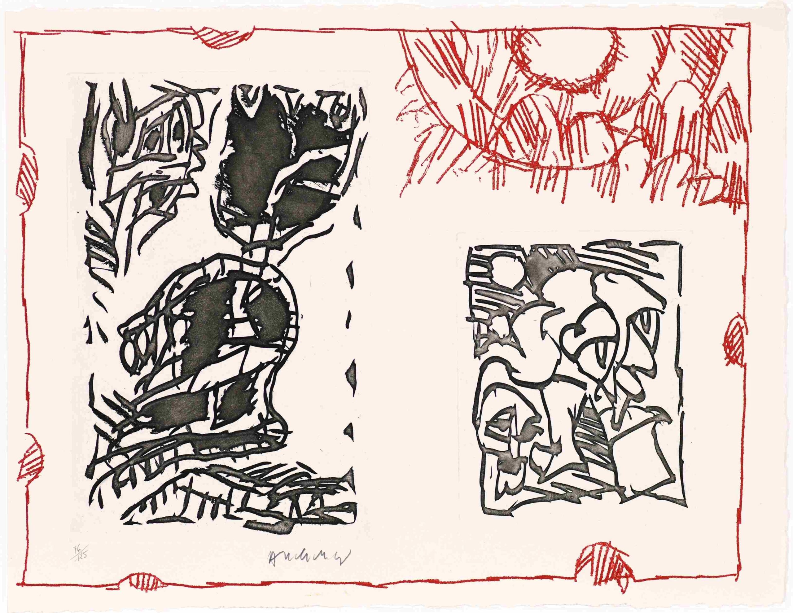 Œuvre abstraite de Pierre Alechinsky (Poèmes à voir) associant deux eaux-fortes noir et blanc, des hachures rouges en forme de soleil en haut à droite et une bordure rouge tracée tout autour, signée en bas à gauche sous l'eau-forte de gauche.