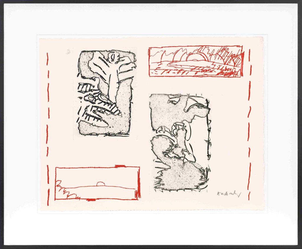 Abstract werk van Pierre Alechinsky (Poèmes à voir) met twee verticale zwart-wit etsen en twee rode rechthoekige landschapstekeningen, geflankeerd door verticale rode stippellijnen aan de zijkanten, gesigneerd rechtsonder.