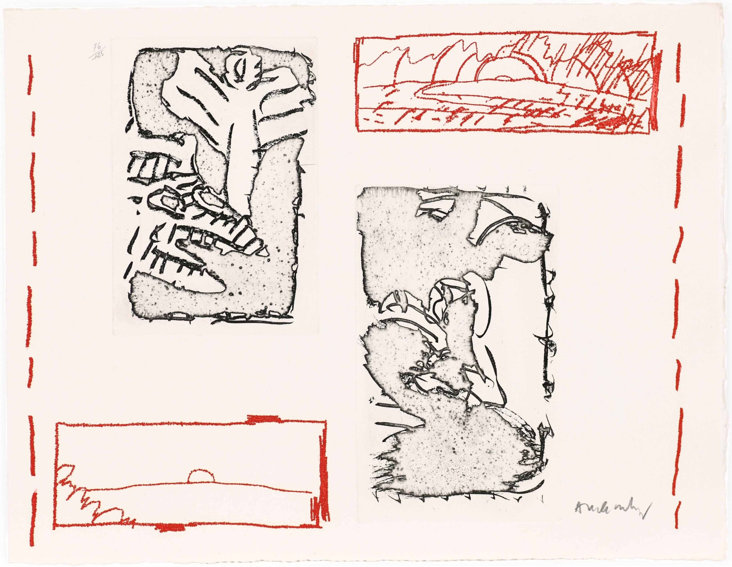 Abstract werk van Pierre Alechinsky (Poèmes à voir) met twee verticale zwart-wit etsen en twee rode rechthoekige landschapstekeningen, geflankeerd door verticale rode stippellijnen aan de zijkanten, gesigneerd rechtsonder.
