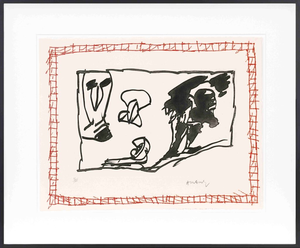 Œuvre abstraite de Pierre Alechinsky (Poèmes à voir) présentant une eau-forte centrale en noir et blanc aux figures organiques expressives, entourée d'une large bordure rouge à motifs de quadrillage, signée en bas à droite.