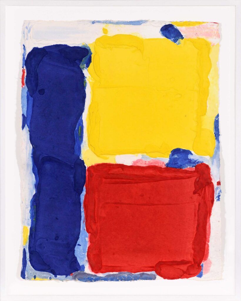 Bram Bogart - Colors for UNICEF (2004). An abstract, textured aquagravure featuring primary colors on white handmade paper. On the left is a thick blue vertical band, with a large yellow square on the top right and a large red square at the bottom right.