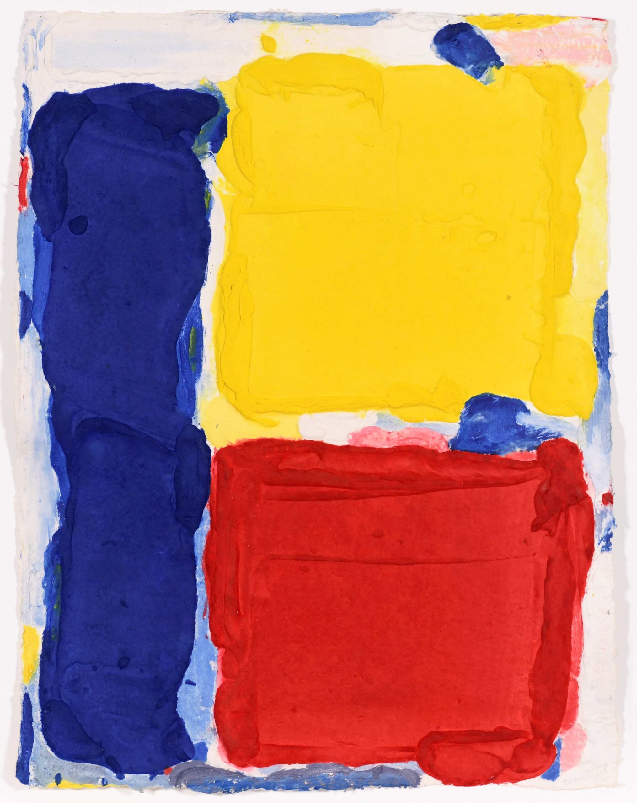 Bram Bogart - Colors for UNICEF (2004). An abstract, textured aquagravure featuring primary colors on white handmade paper. On the left is a thick blue vertical band, with a large yellow square on the top right and a large red square at the bottom right.