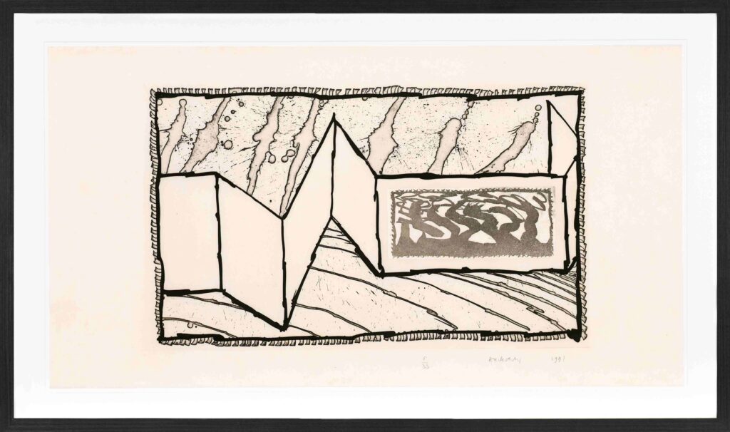 Gravure abstraite en noir et blanc intitulée Allusion aux excitants III par Pierre Alechinsky. Elle présente un paravent plié en accordéon en trois dimensions. La partie droite intègre un cadre aux lignes sinueuses expressives. Le fond montre des coulures d'encre verticales et le sol des hachures diagonales. L'ensemble est entouré d'une bordure dentelée.