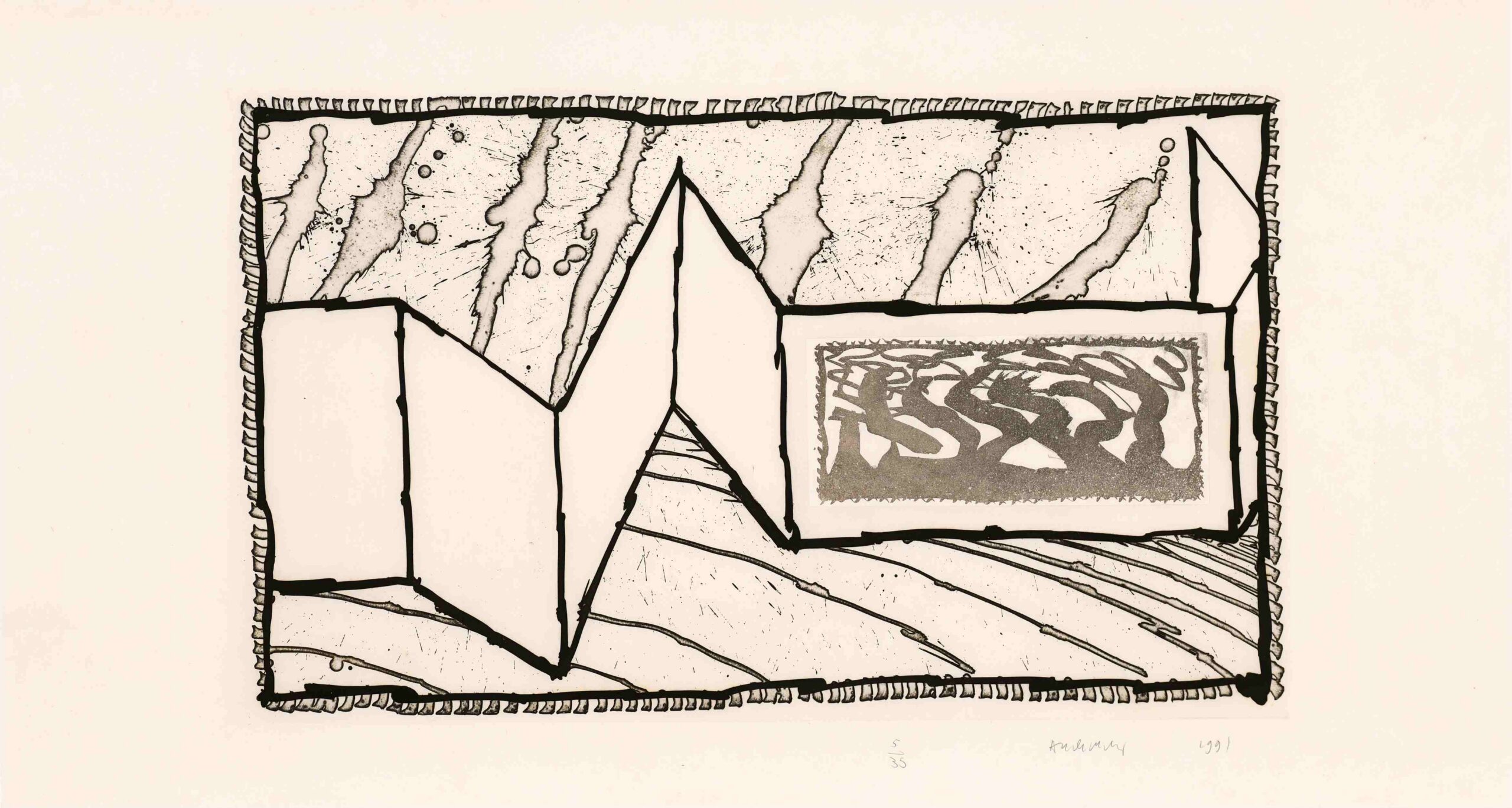 Gravure abstraite en noir et blanc intitulée Allusion aux excitants III par Pierre Alechinsky. Elle présente un paravent plié en accordéon en trois dimensions. La partie droite intègre un cadre aux lignes sinueuses expressives. Le fond montre des coulures d'encre verticales et le sol des hachures diagonales. L'ensemble est entouré d'une bordure dentelée.