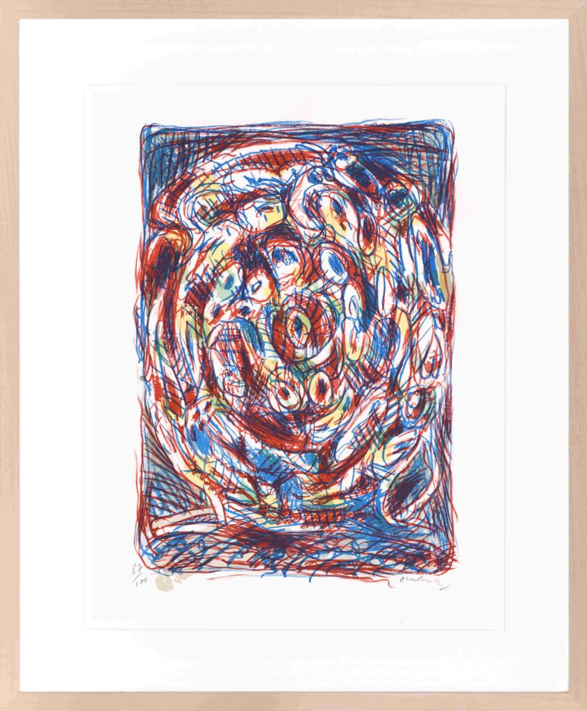 Lithographie en couleurs abstraite intitulée Crayonnement (1972) de Pierre Alechinsky, présentant une spirale tourbillonnante de lignes rouges, bleues et jaunes