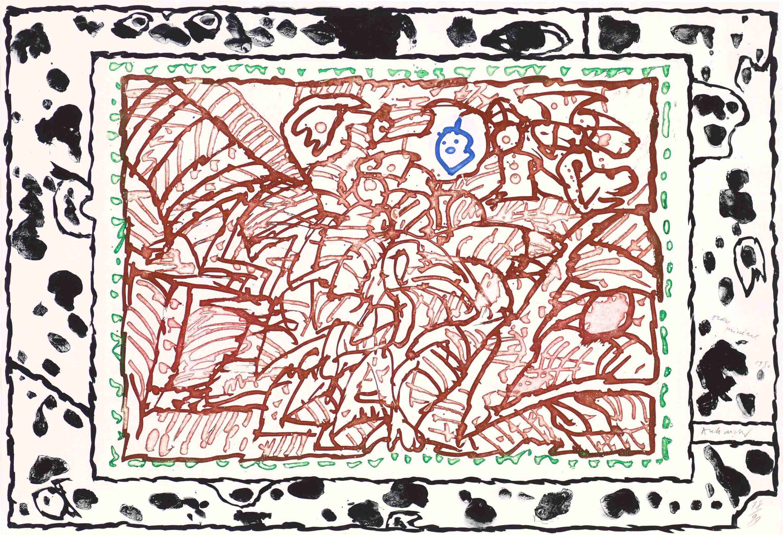 Une œuvre d'art abstraite de Pierre Alechinsky présentant un enchevêtrement de lignes organiques brun-rouge au centre, entouré d'une large bordure blanche ornée de taches d'encre noire. Un petit visage dessiné en bleu se détache dans la composition centrale.