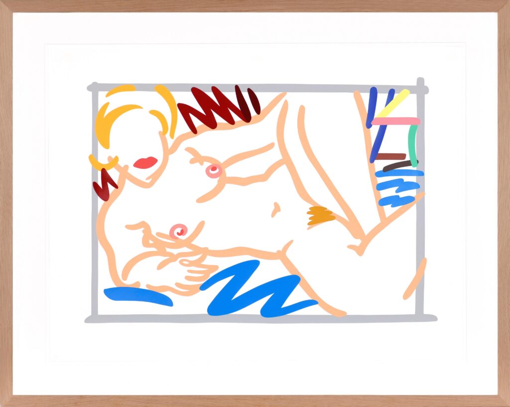 Sérigraphie couleur intitulée 'Judy on a Blue Blanket' par l'artiste pop art Tom Wesselmann, représentant un nu féminin allongé aux lignes minimalistes avec des touches de couleur abstraites.
