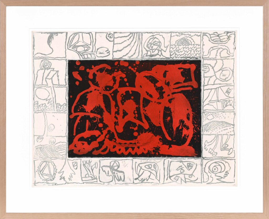 Ets van Pierre Alechinsky (1967) met een centraal rechthoekig vlak vol expressieve, rode en zwarte abstracte vormen. Dit vlak is omringd door een rand van kleine vakken met zwart-witte lijntekeningen