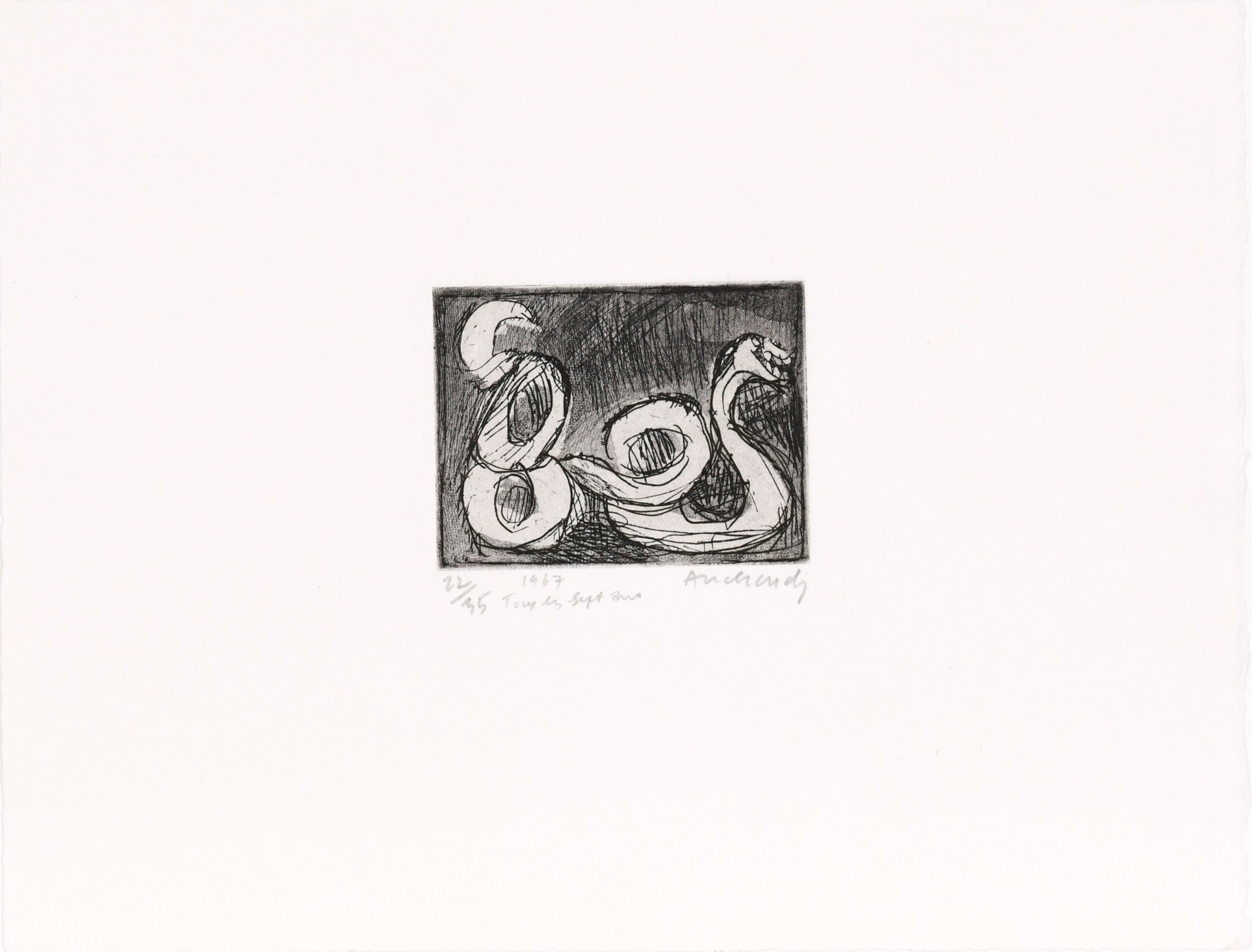 Zwart-wit ets van Pierre Alechinsky uit 1967 met een abstracte, expressief gekrulde slang tegen een donkere achtergrond, handgesigneerd en genummerd op een brede witte marge