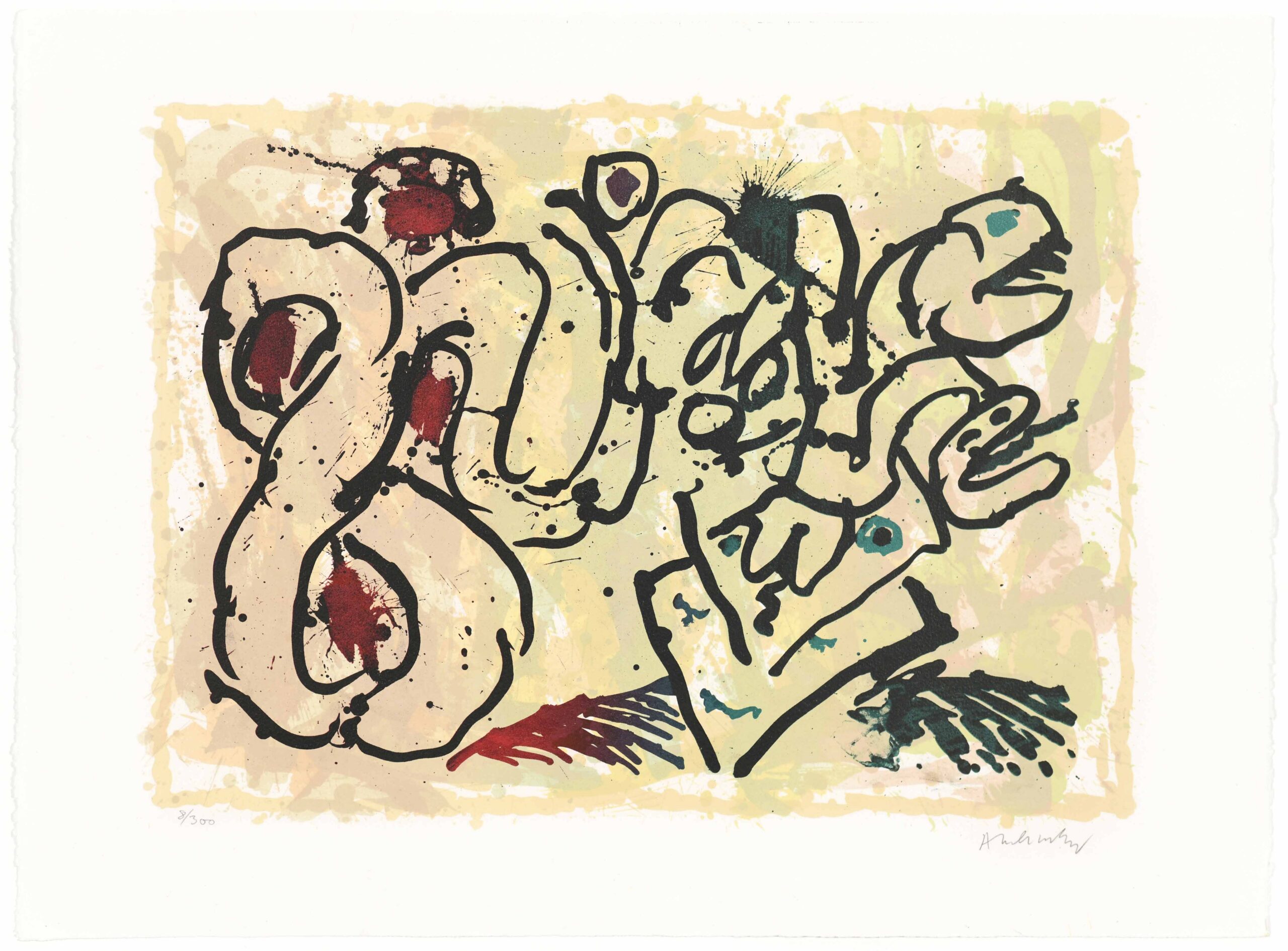 Lithographie abstraite colorée intitulée "Le dénouement" par Pierre Alechinsky. La composition présente un enchevêtrement de lignes noires épaisses et dynamiques et de formes organiques, avec des touches de rouge vif et de vert sur fond jaune pâle