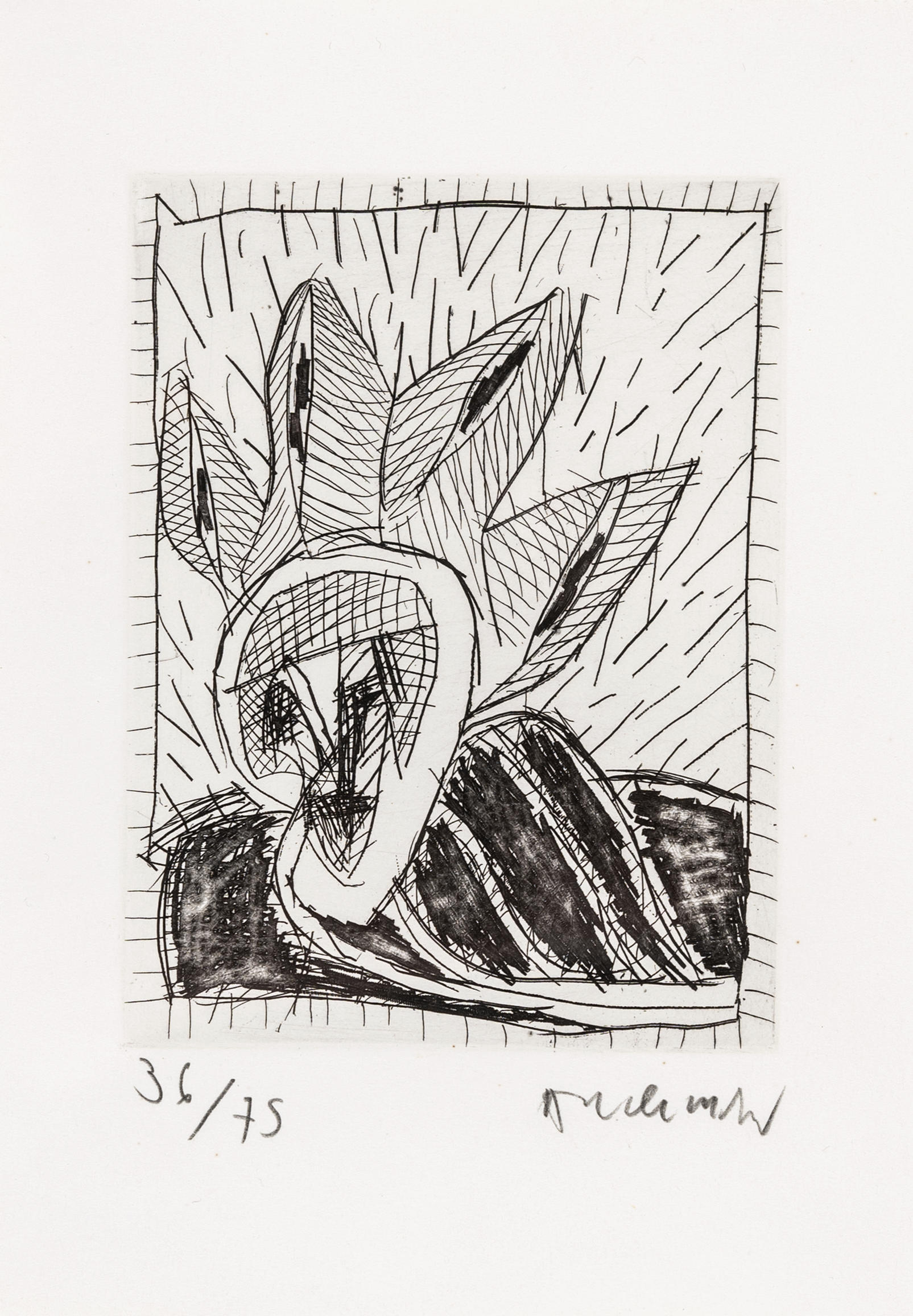 Eau-forte en noir et blanc de Pierre Alechinsky pour « Facéties et compagnie de Christian Dotremont ». Présente une figure abstraite et ondulée surmontée d'une couronne en forme de feuille, avec hachures et signature